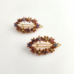 Rare Vintage Beaded Barrettes Multi-Colored with Gold Metal Set of 2